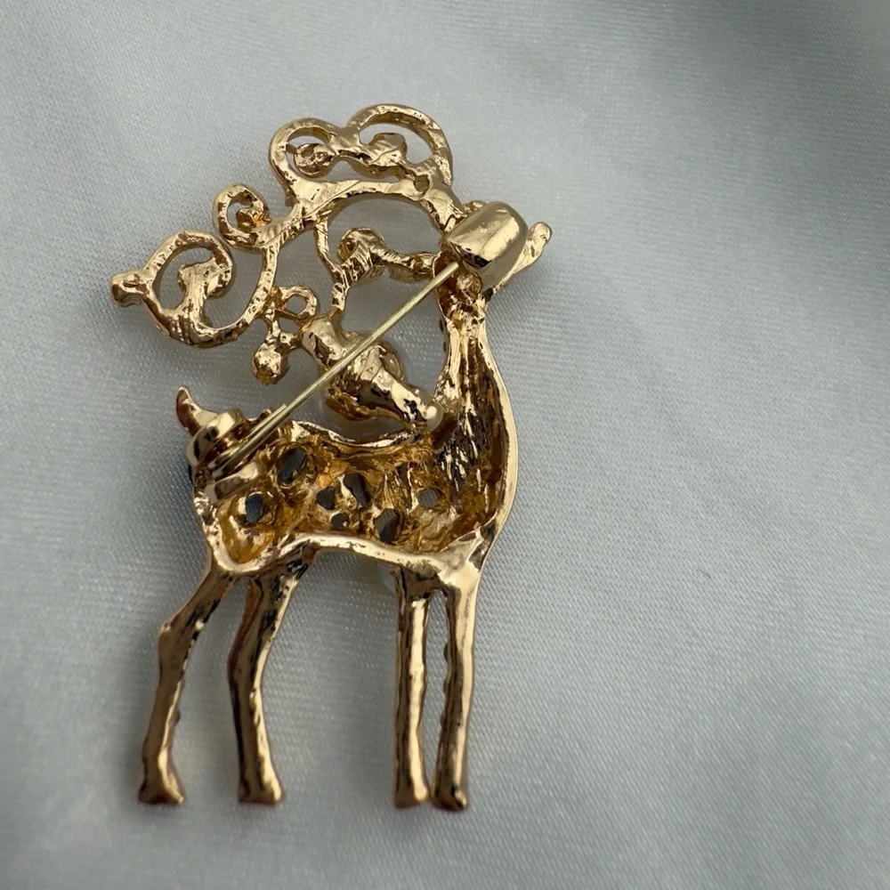 Betsey Johnson Elegant Gold Reindeer Brooch with Multicolor Gems